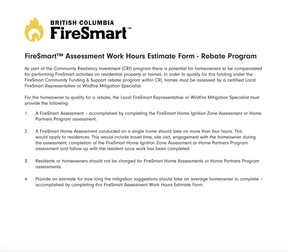 FireSmart Assessment Work Hours Estimate Form – Rebate Program