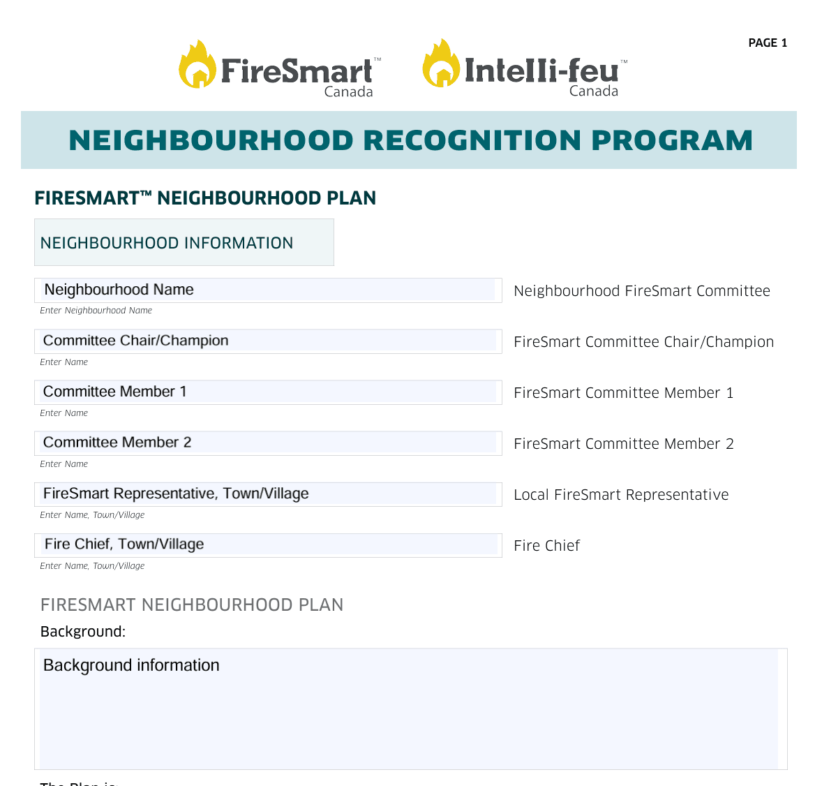 Form for Neighbourhood Recognition Program