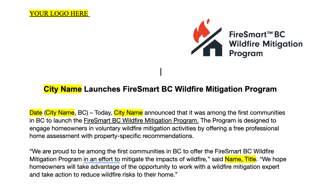 FireSmart Template: WMP Press Release
